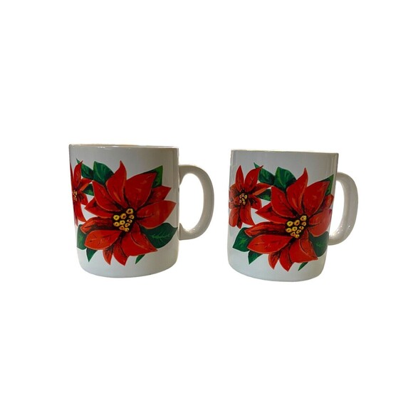 Vintage Enesco Christmas Poinsettia Holly Leaf Mug Coffee Tea 9 Piece Set - Picture 2 of 10